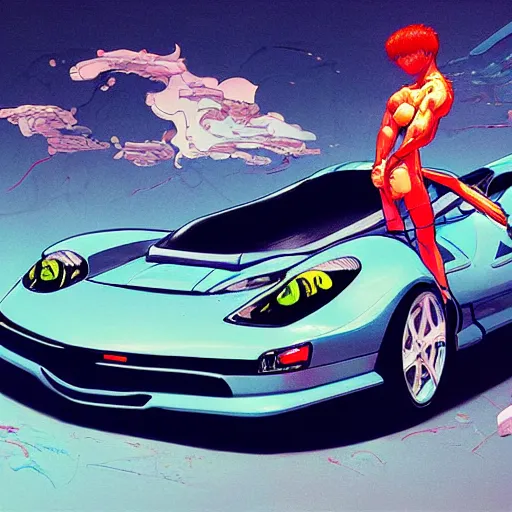 Image similar to prompt : sport car soft light painted by james jean and katsuhiro otomo and erik jones, inspired by akira anime, smooth face feature, intricate oil painting, high detail illustration, sharp high detail, manga and anime 1 9 9 9