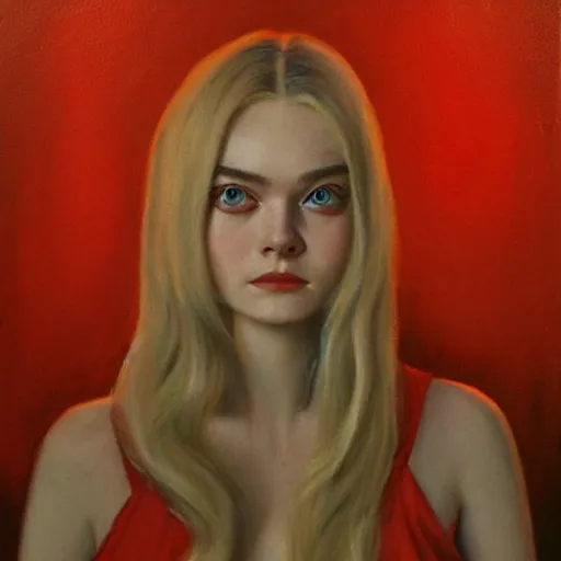 Image similar to a striking hyper real painting of Elle Fanning in a red dress, lovecraftian, horror, moonlit,