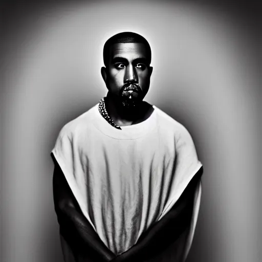 Image similar to a chiaroscuro lighting portrait of kanye west dressed as jesus, black background, portrait by julia margaret cameron, shallow depth of field, 8 0 mm, f 1. 8