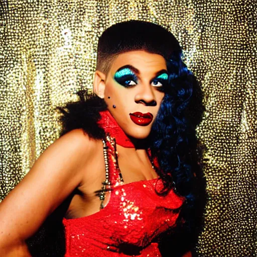 Image similar to realistic photoshoot of a nightlife personality in a club color film photography, portrait of a beautiful drag queen, photo in style of tyler mitchell 3 5 mm zeiss lens sharp