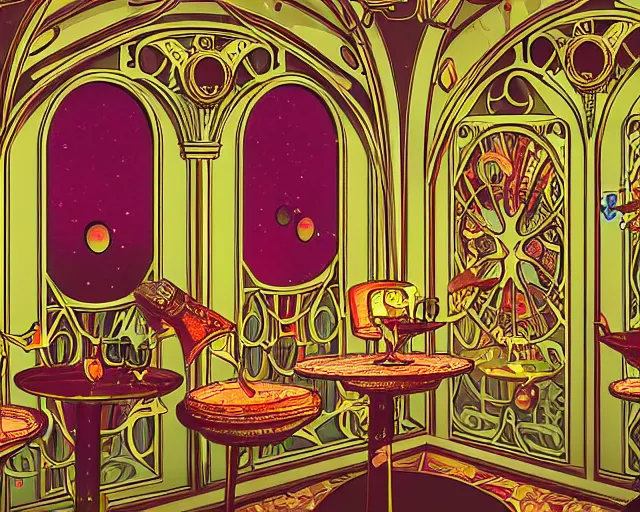 Image similar to art nouveau style champagne commercial, artstation, illustration, bright, cheerful, detailed and intricate environment