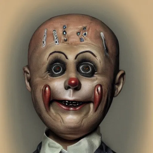 Image similar to high detailed portrait of a bloody ventriloqust dummy, scary, horrifying, creepy