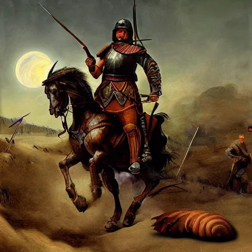 Image similar to Digital art of a tired spartan soldier riding horse on the battlefield in the style of an oil painting, acrylic, bleak, moonlight, detailed,