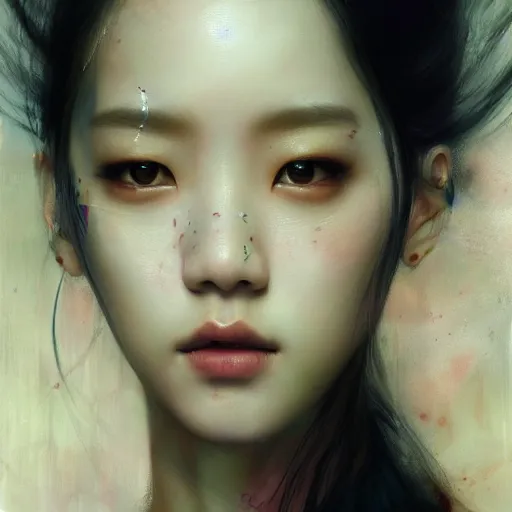 Image similar to jisoo of blackpink, snake, hyperrealistic portrait, bladerunner street, by karol bak and agnes cecile, album cover, fantasy art, photo realistic, dynamic lighting, artstation, poster, volumetric lighting, very detailed face, 8 k, award winning