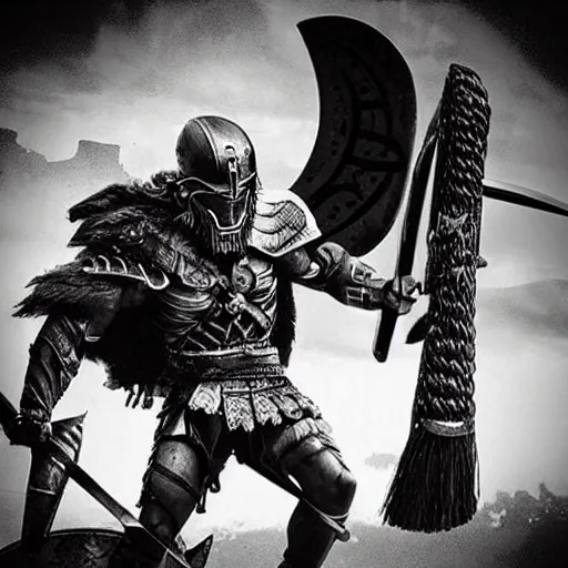 Prompt: “Leónidas king from 300 Spartans zack Snyder attacks in battle with spear epic dark background artwork intricate low angle wearing torn spartan helmet with red crest broom”