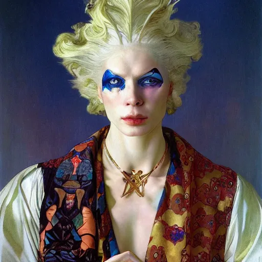 Image similar to closeup painting of uncannily beautiful androgynous albino wearing rococo byzantine clothes and face paint, science fiction by j. c. leyendecker, bosch, alphonse mucha, greg rutkowski, and beksinski