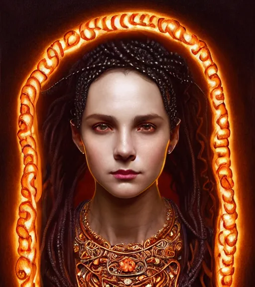 Image similar to portrait of teenage medusa, bald, raised eyebrow, wicked smile, black snakes cover her head, wearing an embroidered orange tunic, intricate, elegant, copper and emerald jewelry, glowing lights, highly detailed, digital painting, artstation, concept art, smooth, sharp focus, illustration, art by wlop, mucha, artgerm, and greg rutkowski