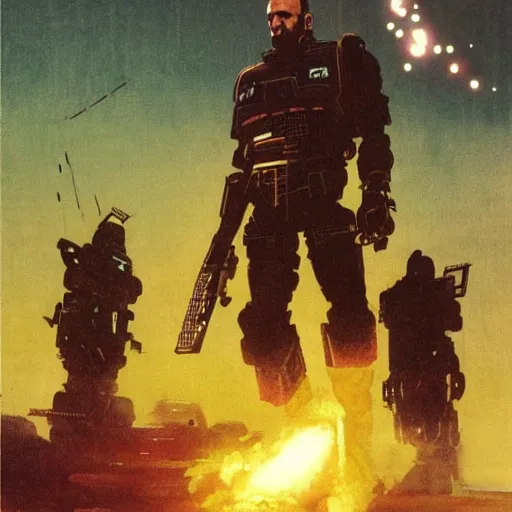 Image similar to jason statham as sci - fi bounty hunter, chris foss, john harris, beeple, wayne barlowe