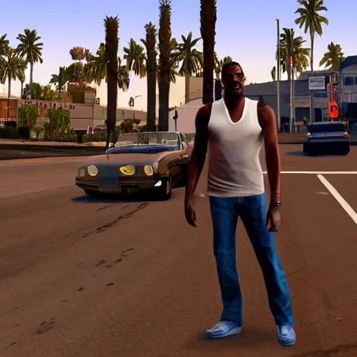 Image similar to Eddie Murphy in GTA V. Los Santos in the background, palm trees. In the art style of Stephen Bliss