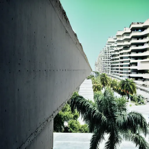 Image similar to noisy color photograph of a concrete underground retrofuturist liminal space, staggered terraces, centered palm tree growing out of concrete, deformations, minimalist, concrete sky, cinematic, soft vintage glow