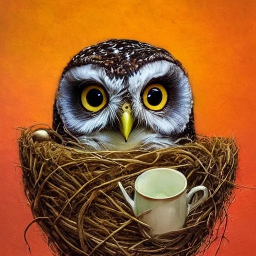 Prompt: long shot of a very cute owl chick nesting in a cup, esao andrews, by m. w. kaluta, soulful illustration, hyperrealistic, big depth of field, warm colors, night scenery, low light, 3 d octane render, 4 k, volumetric lights, intricate, smooth, cosy atmosphere, conceptart, hyperdetailed, hyperrealistic, trending on artstation