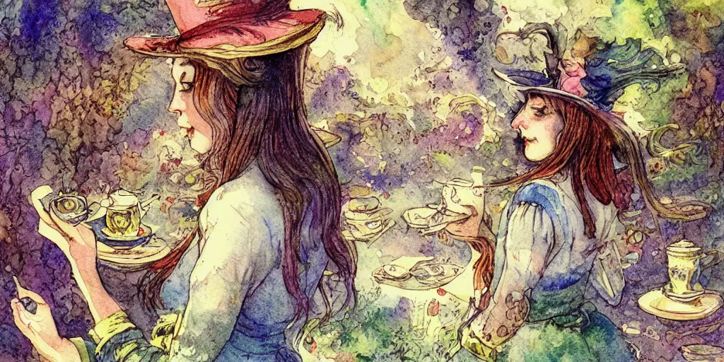 Prompt: a hiper intricate watercolor of alice in wonderland tea with the mad hat, extremely detailed, sharp focus, wide view, smooth, digital illustration, colorfull, by william turner art, by greg rutowski, by carl larson, by edmund dulac