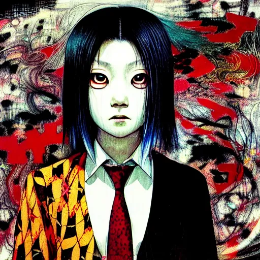 Prompt: yoshitaka amano blurred and dreamy three quarter angle portrait of a girl with white hair and black eyes wearing dress suit with tie, playstation 2 horror game, junji ito abstract patterns in the background, satoshi kon anime, chungking express color palette, noisy film grain effect, highly detailed, renaissance oil painting, weird portrait angle, blurred lost edges