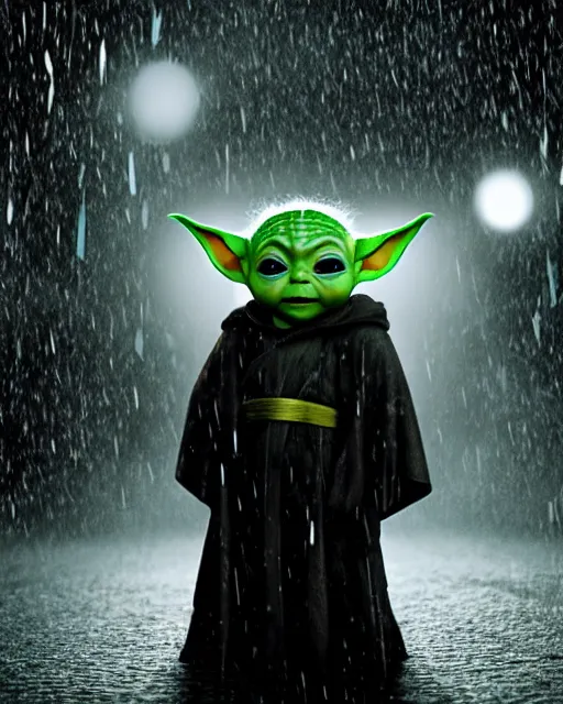 Image similar to epic closeup cinematic still of baby yoda as batman wearing batman costume with batmask and batcape as batman in atmospheric rainy alleyway in the style of batman the dark knight rises, 8 k backlit, rim lighting, dramatic moonlight lighting, beautiful composition