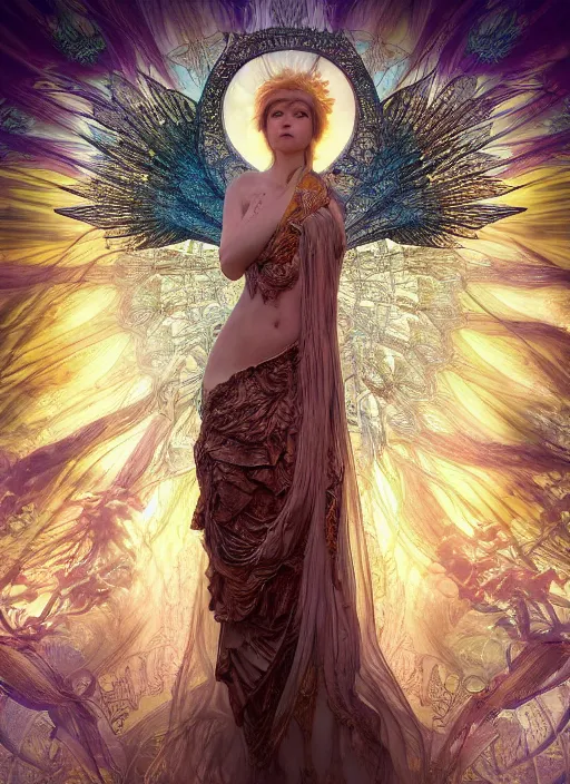 Prompt: photograph goddess angel of tranquility::1 hyper detailed, character concept, full body, dynamic pose::2 intricate, lineart, cerpuscular rays, by yoshitaka amano, alfons mucha, 4k, fine art photography, create a photo, document.photo.