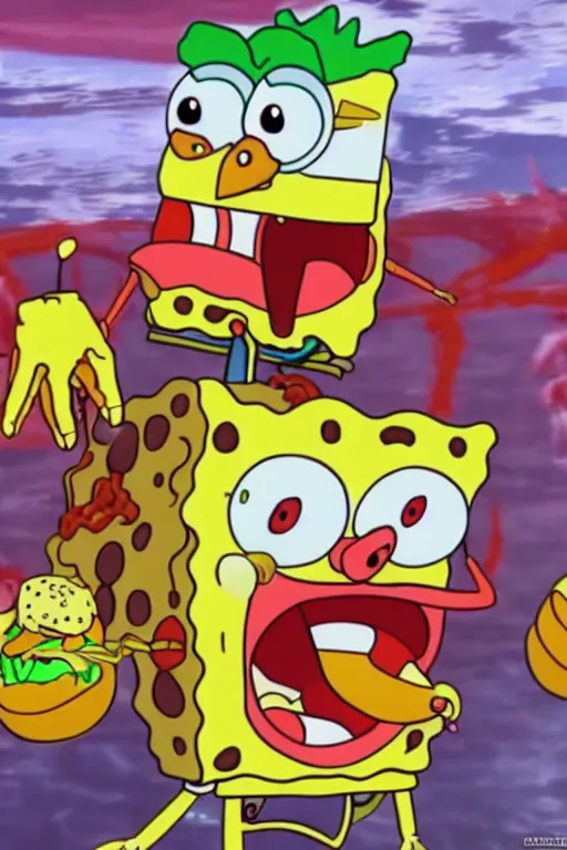 Prompt: sci - fi spongebob fight mr crabs for a burger, anime, 4 k