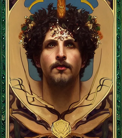 Image similar to a tarot card portrait of dionysus, realistic, 8 k, by greg rutkowski, artgerm, alphonse mucha, ornate, vines as jewelry, symmetry, sharp focus