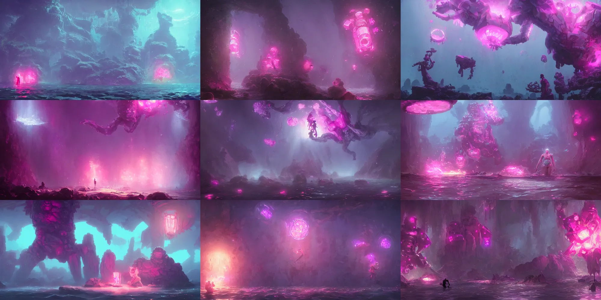 Prompt: crystal golem giant, bright pink purple lights, underwater, d & d, art by greg rutkowski