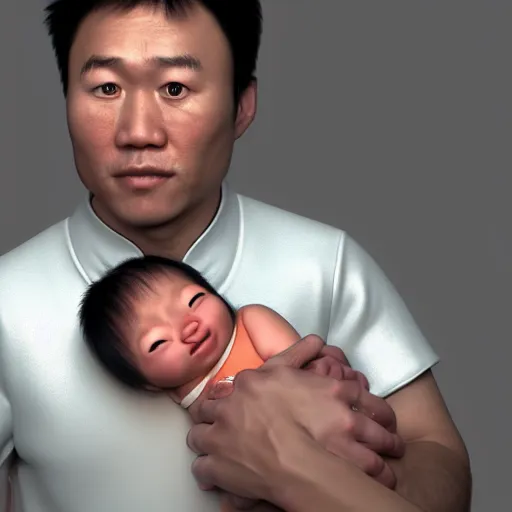 Image similar to shocked asian man holding african - american baby at hospital, he can't believe his eyes, award winning art, pixar, 3 d render, artstation