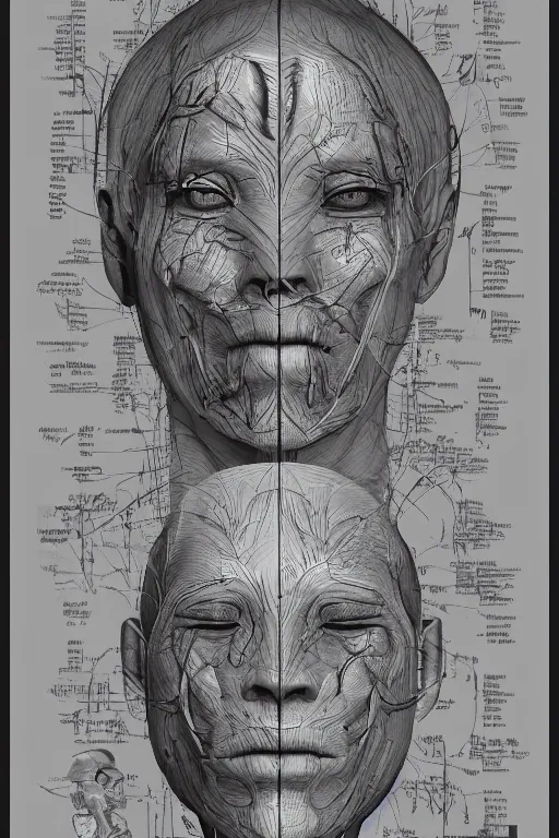 Image similar to asian facial anatomy with gunmetal grey skin, medical anatomy, very symmetrical face, highly detailed, three - perspective / three - view reference sheet ( front / back / side ), in the style of dan ouellette, steven jung, amanda lilleston, hr giger, sil from species, dren from splice, mecha, artstation, unreal engine