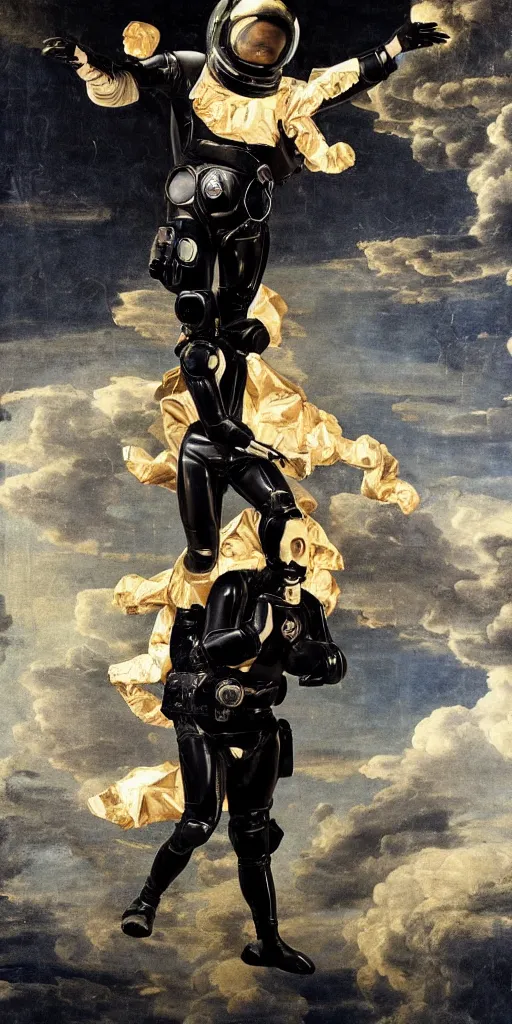 Prompt: a very dark black elaborate elaborated huge standalone hyperrealistic photorealistic astronaut standing on a cloud, art nouveau rococo in the style of caravaggio. unexpected maximalist fabric elements hd 8 x matte background in vibrant dark pastel tones