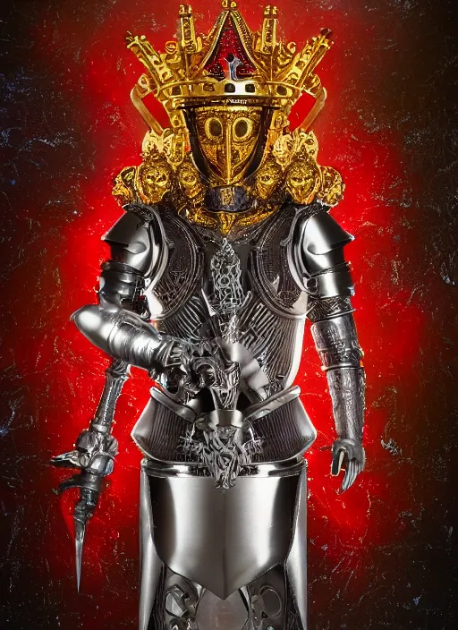 Image similar to portrait of king arthur knight cyborg with a golden crown with red gemstones, studio portrait against a black background, modern fine art, fractal, intricate, elegant, highly detailed, digital photography, subsurface scattering, in the style of ghost, by jheronimus bosch and yue minjun and giger and greg rutkowski,