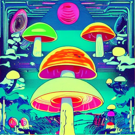 Prompt: mushrooms in the place of flying saucers, hallucinogenic, psychedelics, enhanced vision, vaporwave, future funk, japanese - inspired