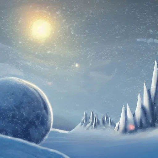 Image similar to concept art of a snow covered planet, snowstorm, ice, ice spikes, planet, space, concept art