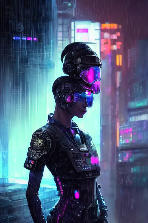 Image similar to portrait futuristic beautiful cyberpunk female armor police, in heavy rainning futuristic tokyo rooftop cyberpunk night, ssci-fi, fantasy, intricate, very very beautiful, elegant, neon light, highly detailed, digital painting, artstation, concept art, soft light, hdri, smooth, sharp focus, illustration, art by tian zi and craig mullins and WLOP and alphonse mucha