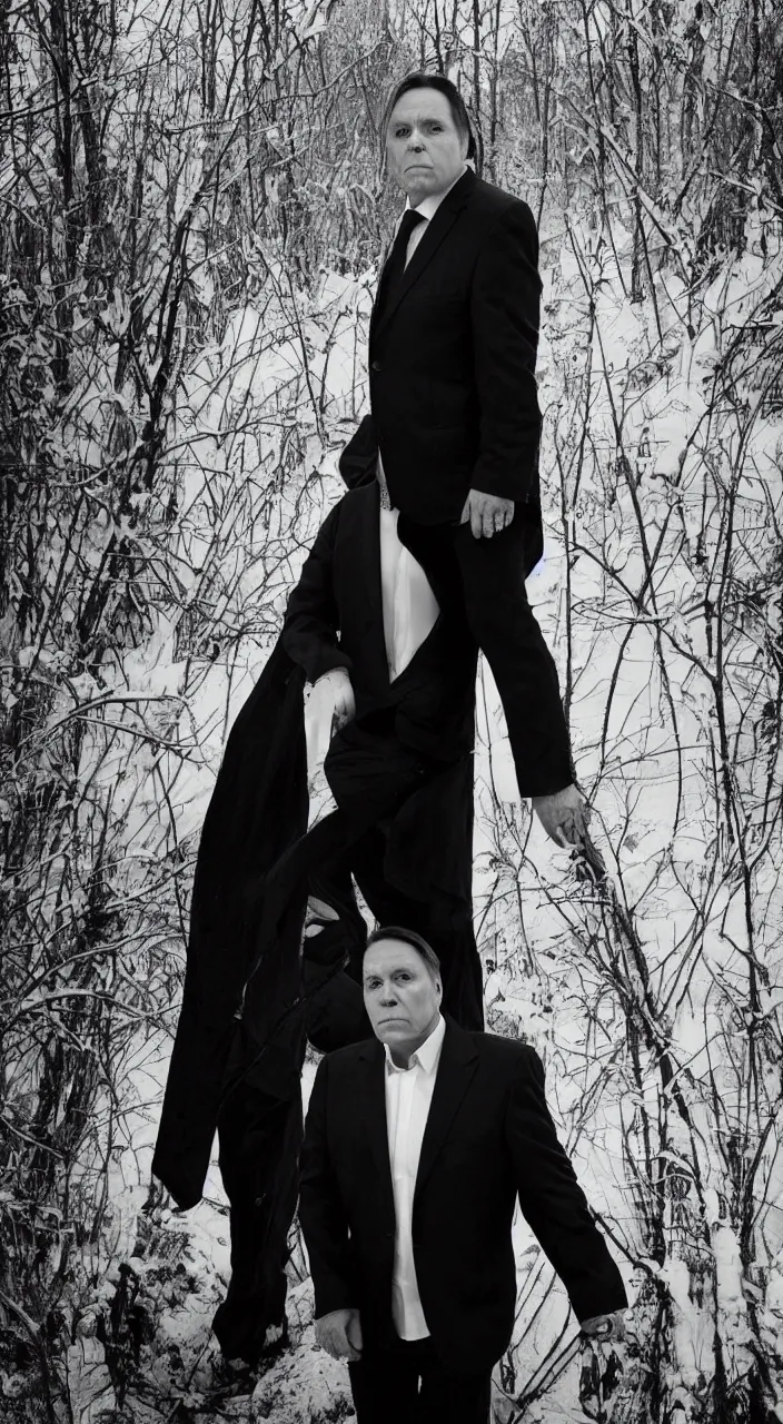 Image similar to francois legault in a suit, black metal album cover