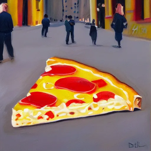 Image similar to slice of pizza on a street in new york city, oil painting, very detailed, trending on artistation, desaturated, 4 k