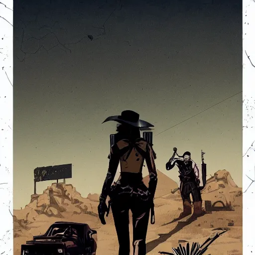 Prompt: a comic noir illustration of a wild western woman hunting in a post - apocalyptic desert, mad max, by queens of the stone age, by sachin teng, by tristan eaton, by victo ngai, artgerm, rhads, ross draws, 8 k, hyperrealistic, high contrast, dark vibes, pastel lighting, depth of field