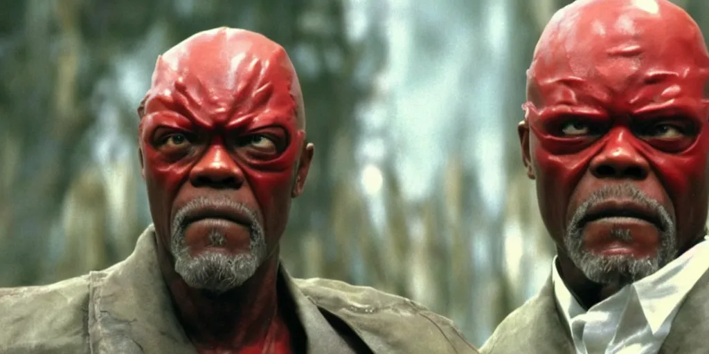 Image similar to a film still of samuel l. jackson starring in a japanese blockbuster film as yoshimitsu, shallow depth of field, cinematic, award winning cgi, vfx, film still