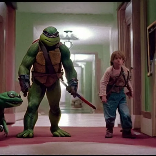 Prompt: movie still of Teenage Mutant Ninja Turtles in The Shining