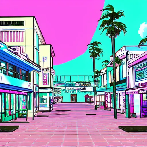 Prompt: vaporwave 50s town, digital art