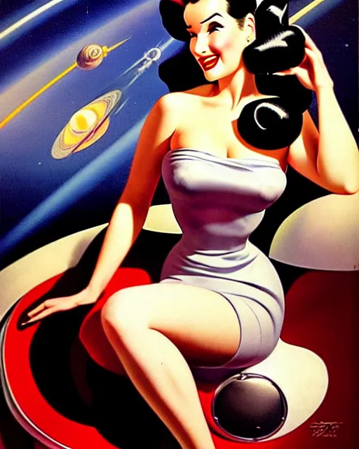 Prompt: retro space dita von teese varga girl posing on a space ship in dieselpunk city, windblown dark hair, retro pinup model, seductive, 1 9 4 0, hyper detailed, digital art, smooth, sharp focus, gil elvgren, alberto vargas.