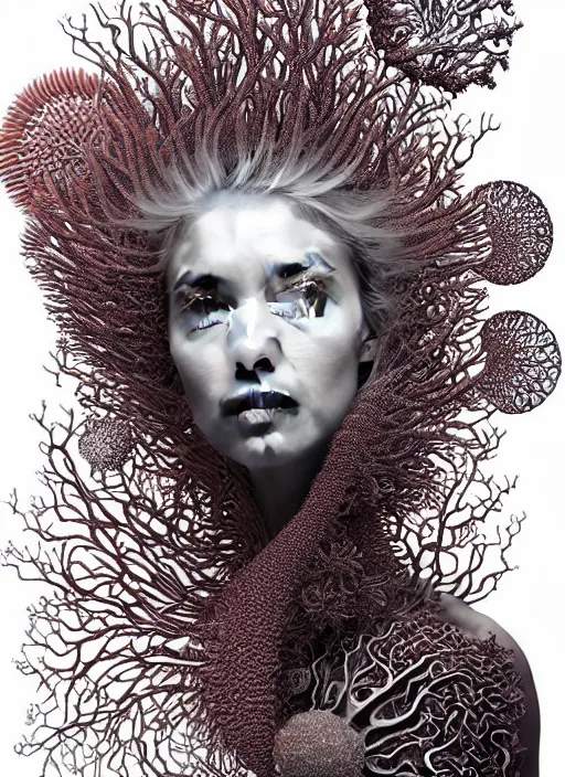 Prompt: ridiculously beautiful young womans face, layers of intricate swirling fractals of 3 d coral and jellyfish skin, blooming, portals into dimensions, coral, birds, symmetrical, in the style of ernst haeckel, effervescent, sacred geometry, surrealism, photo realistic, epic and cinematic, 3 d, clear, sharp,