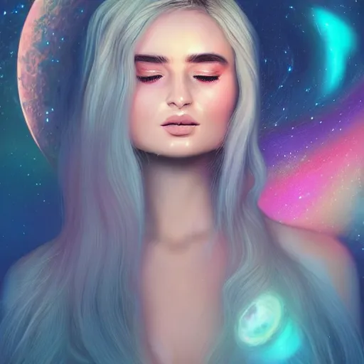 Image similar to an epic cinematic ethereal portrait made of stardust of kim petras with her eyes closed as part of the fabric of the universe and existence, galaxies, stars, nebulas, artstation trending, cgsociety, instagram