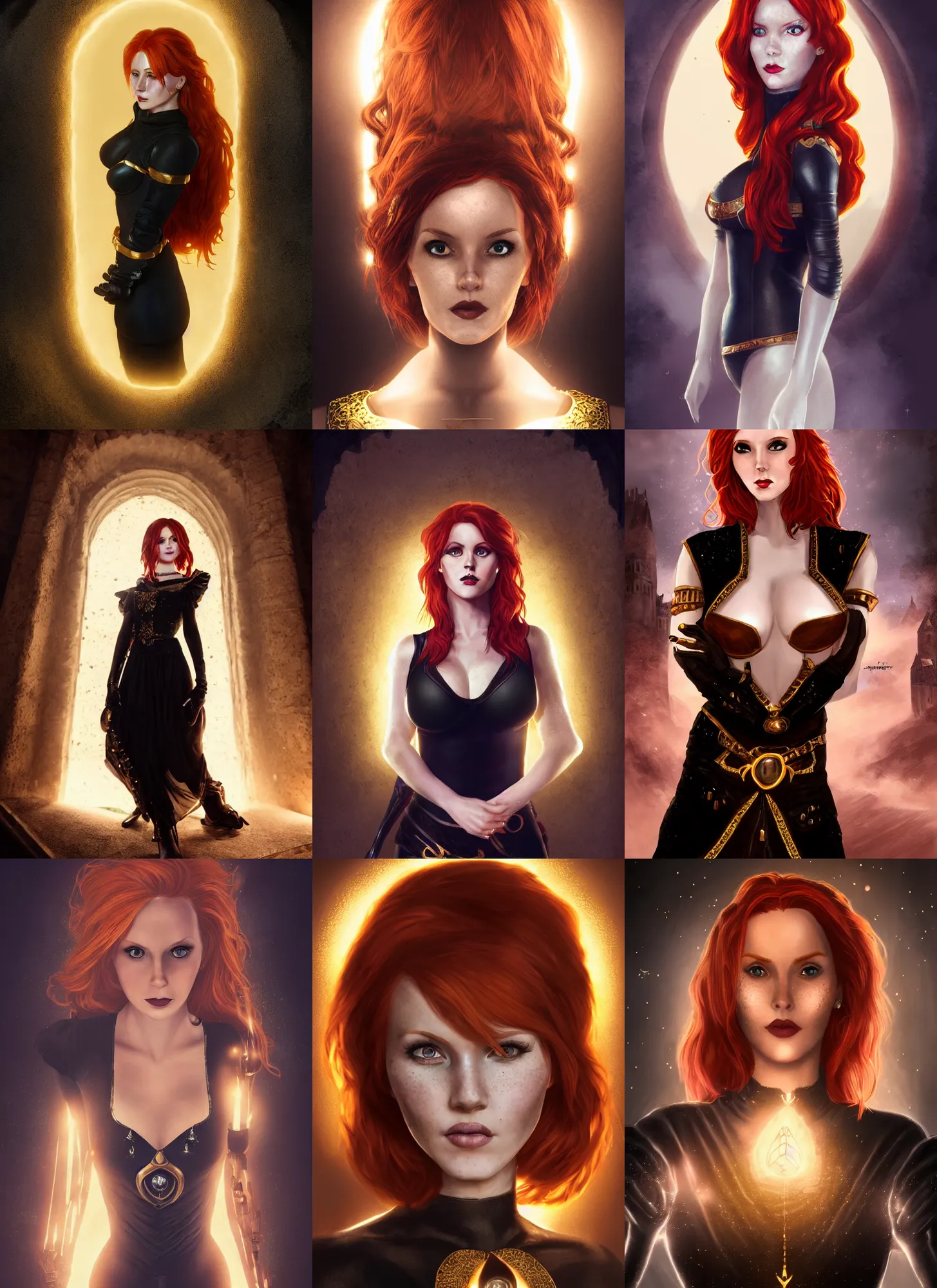 Prompt: redhead girl Triss Merigold in black dress in beautiful castle, black pearls and golden gems, glowing eyes, light freckles, portrait, biomech, conceptart, medium shot, unreal, octane, symmetrical, photorealism