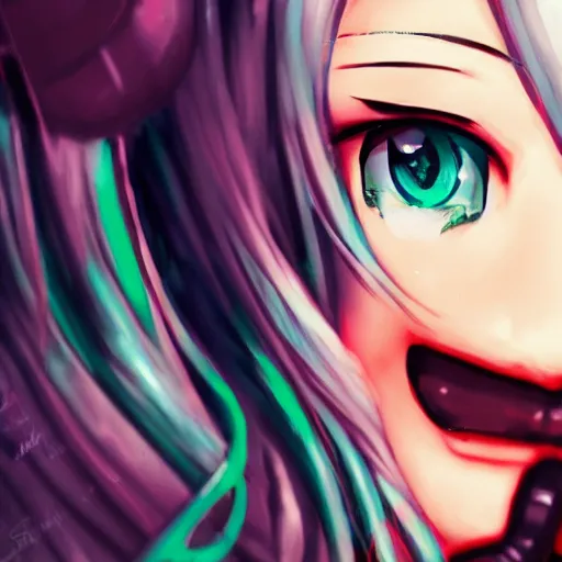 Image similar to hatsune miku, extreme close-up, trending on artstation