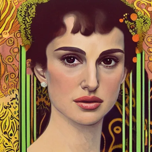 Image similar to a closeup portrait of a young natalie portman, art nouveau, jugendstil, decorative background, spirals, painted by klimt