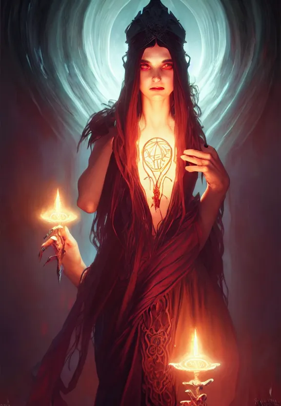 Image similar to Necromancer Sorceress in center, fantasy magic, undercut hairstyle, dark light night, intricate, elegant, sharp focus, illustration, highly detailed, digital painting, concept art, matte, art by WLOP and Artgerm and Greg Rutkowski and Alphonse Mucha, masterpiece