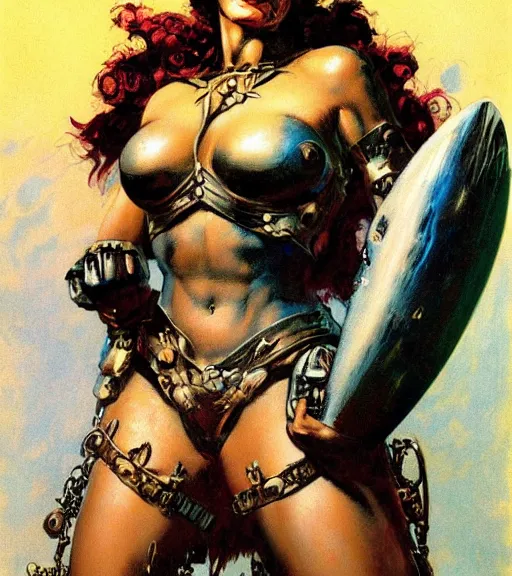 Image similar to portrait of strong female chaos angel, beautiful! coherent! by frank frazetta, by brom, strong line, vivid neon color, spiked metal armor, iron helmet maximalist