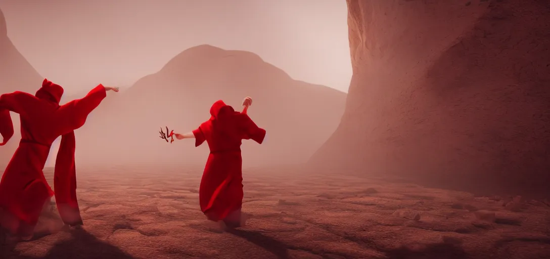 Image similar to an evil demon in red robes fighting an angel in white robes in a desert, luminescent eyes, sunny weather, rendered in octane, realistic, 8 k, vivid, intricate, detailed, mist, fog, dramatic light