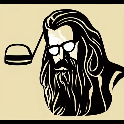 Prompt: The Dude from The Big Lebowski (1998) as a minimalist vector movie poster ,illustrated, Jeff Bridges, long goatee beard, and wearing sunglasses and brown bath robe