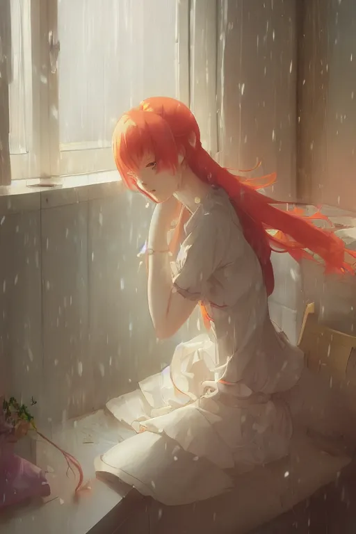 Prompt: a girl in a maid's outfit in the bedroom a night, raining outside the window, orange theme, wavy white long hair, by krenz cushart and mucha and akihito yoshida and greg rutkowski and makoto shinkai, 4 k resolution