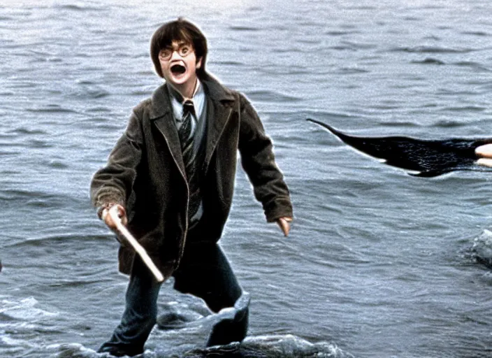 Prompt: a film still of harry potter in jaws ( 1 9 7 5 )