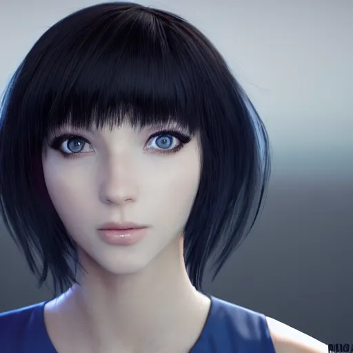 Image similar to « portrait, attractive, blue eyes, black hair, middle length hair, ghost in the shell, front view, unreal engine 5 »