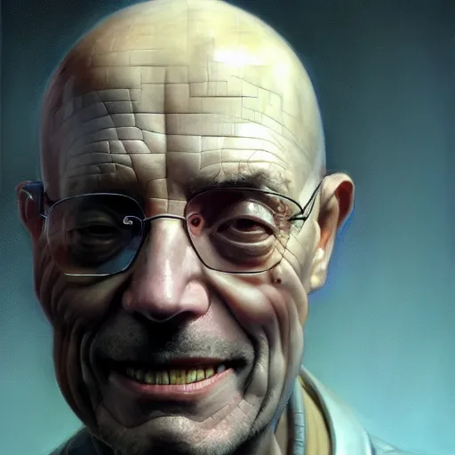 Image similar to a hyper - realistic character concept art portrait of a computer man, depth of field background, artstation, award - winning realistic sci - fi concept art by jim burns and greg rutkowski, beksinski, a realism masterpiece, flesh - tone color palette, james gilleard, bruegel, alphonse mucha, and yoshitaka amano.