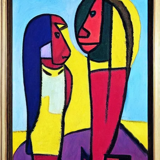 Image similar to painting of a lion female and a male, in a city, by alexej von jawlensky